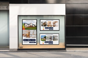 Vitrine agence immobilière écran affichage dynamique portrait et paysage